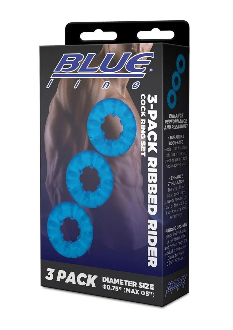 Blue Line Ribbed Rider Cock Ring Set With Comfortable Fit - Image 3