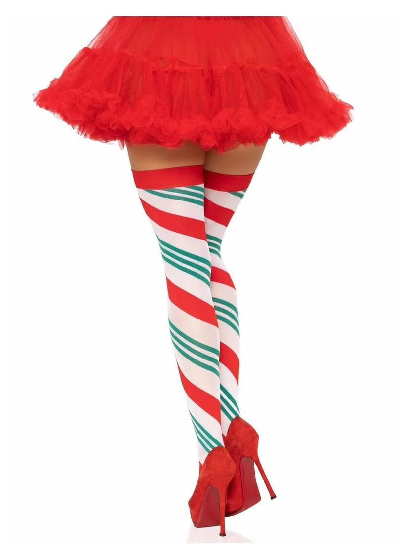 Candy Cane Striped Thigh High Stockings - Image 2