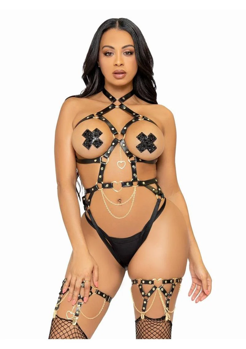 Convertible Vegan Leather Heart-Ring Studded Harness Teddy - Image 5
