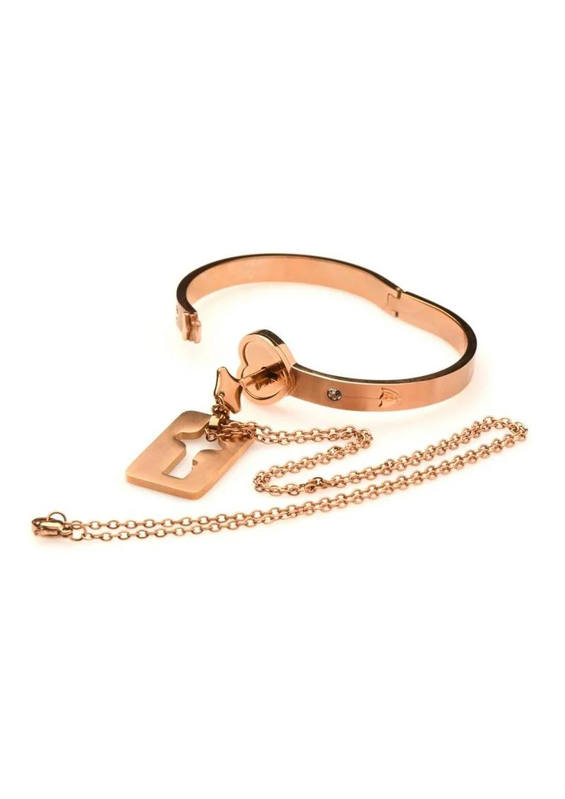 Cuffed Locking Bracelet And Key Necklace Rose Gold - Image 2