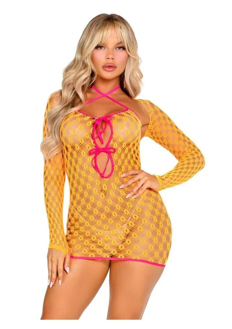 Eyelet Net Mini Shrug Dress With Tie Front