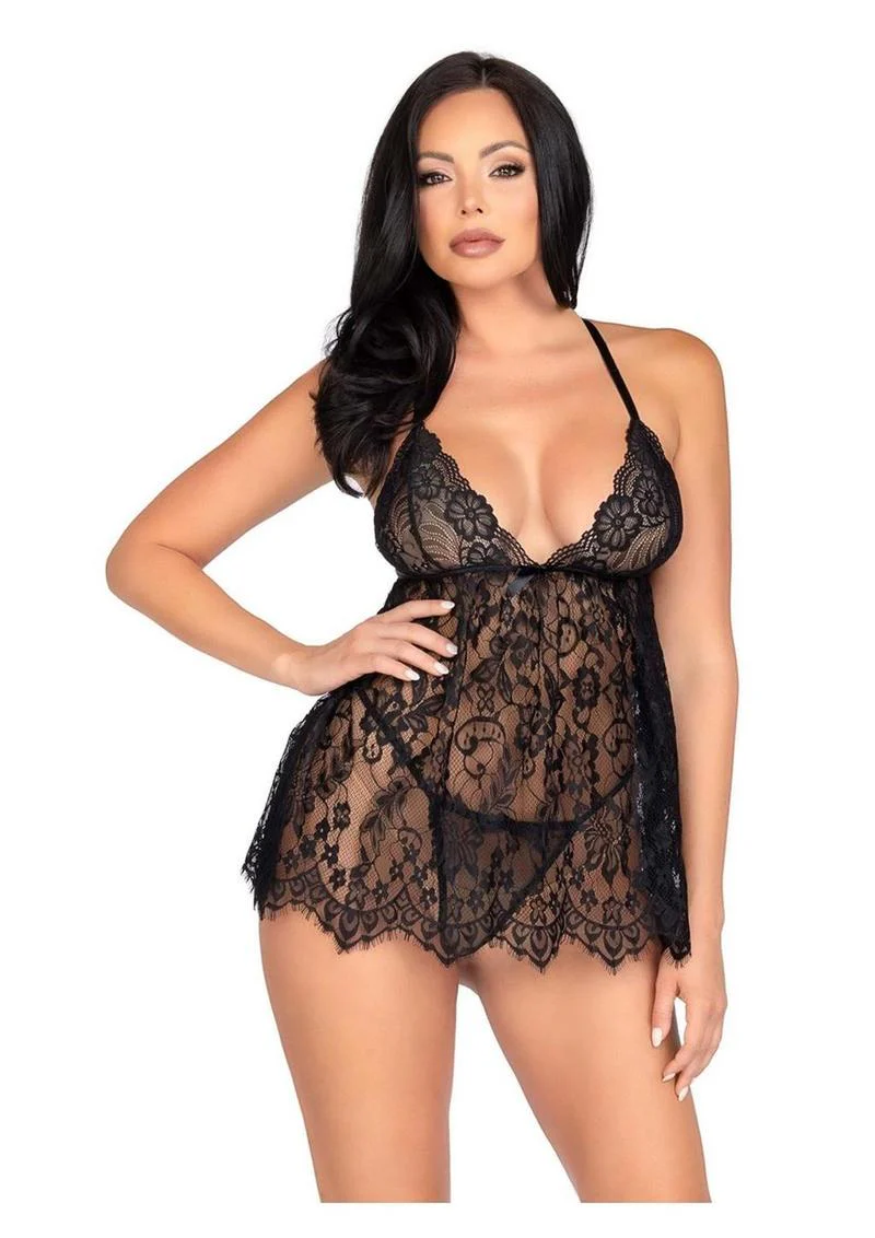Floral Lace Babydoll with Eyelash Lace Scalloped Hem - Image 3