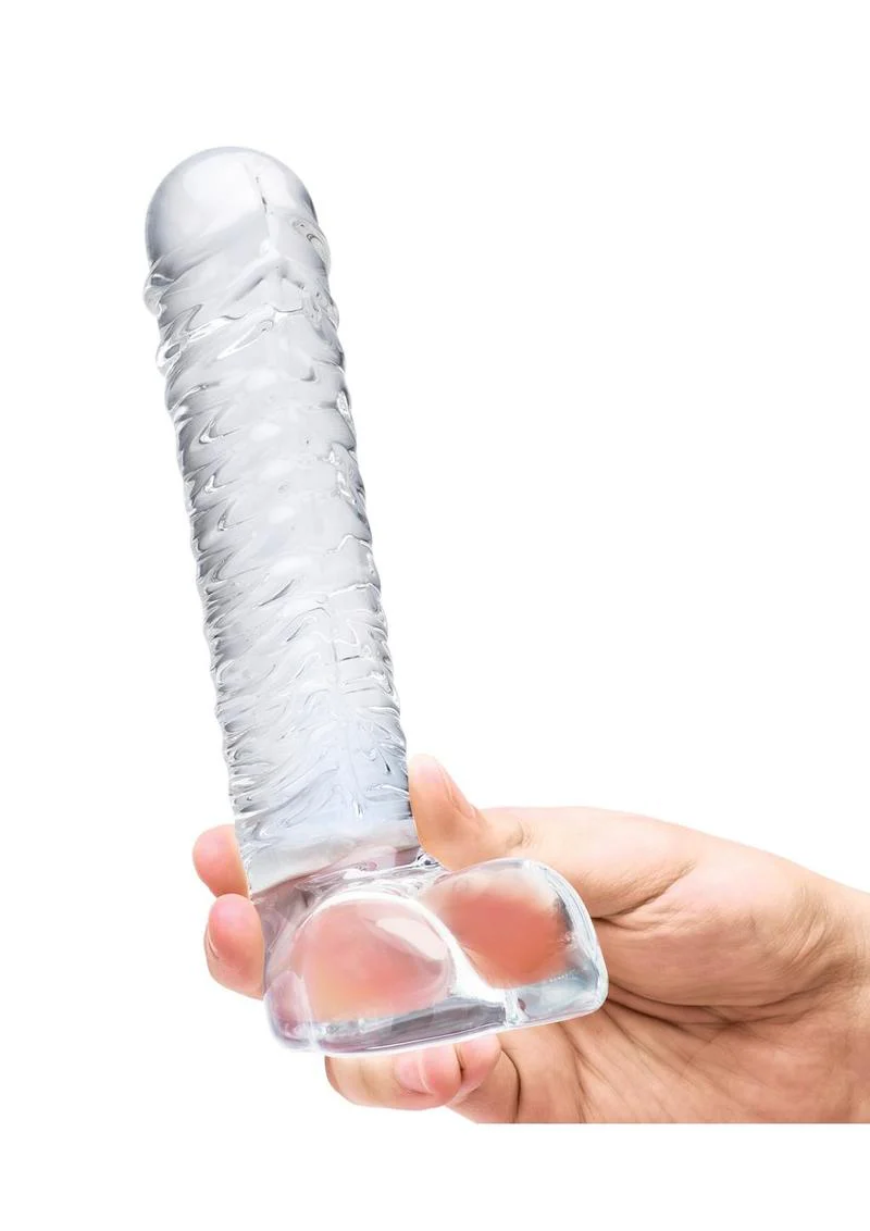 Glas Realistic Ribbed Glass G-Spot Dildo with Balls - Image 3