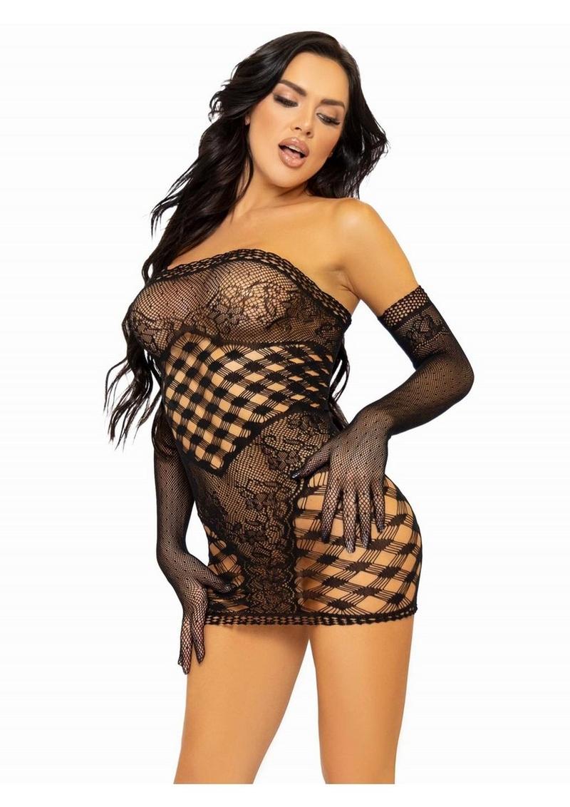 Hardcore Net Tube Dress with Lace Accent and Matching Gloves - Image 2