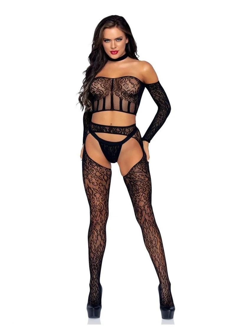 Lace Long Sleeve Halter Choker Crop Top, Lace Suspender Hose - Image 3