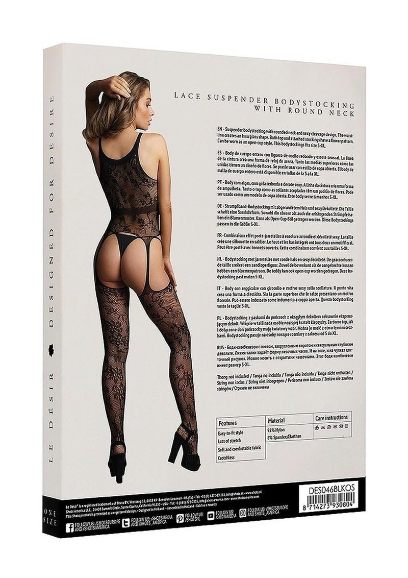 Le Désir Black Lace Suspender Bodystocking with Round Neck - Image 3