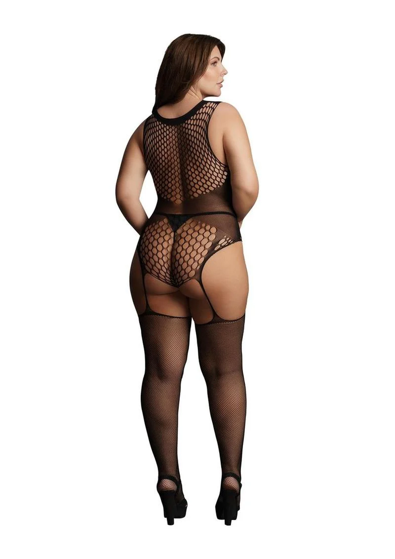 Le Desir Contrast Fence Net Comfortable Suspender Bodystocking - Image 2