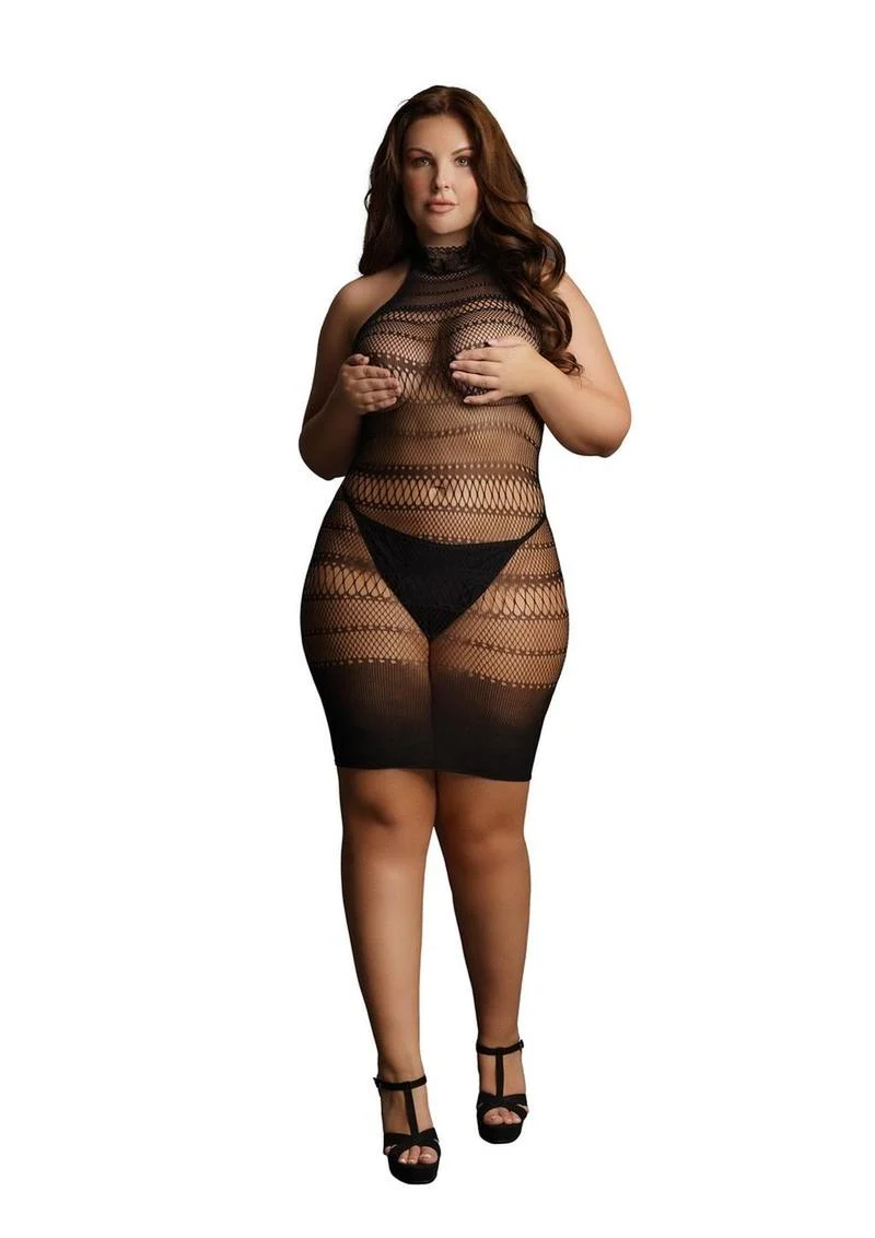 Le Désir High Lace Neck Net Mini Dress