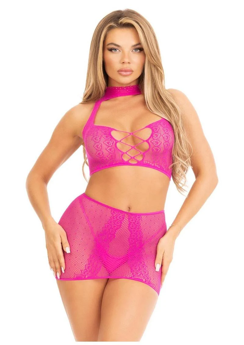 Leg Avenue Dotted Net and Lace Halter Crop Top