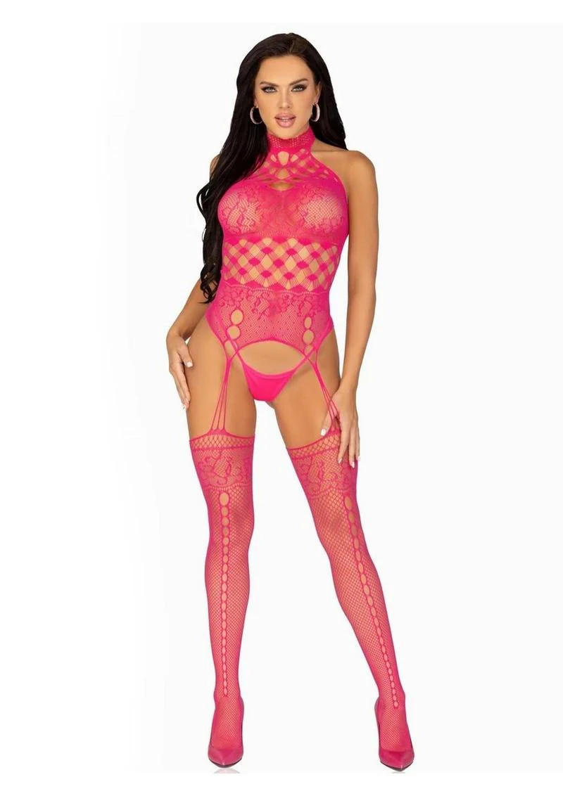 Leg Avenue High Neck Halter Net And Lace Suspender Bodystocking - Image 4