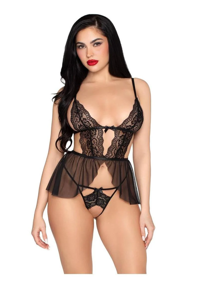 Leg Avenue Lace & Mesh Babydoll Set – Black