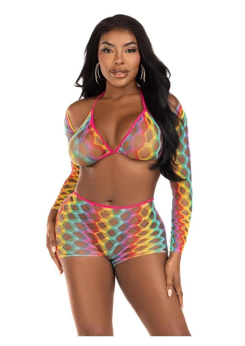 Leg Avenue Rainbow Hardcore Net Bra Top, Shrug, and Boy Shorts Set