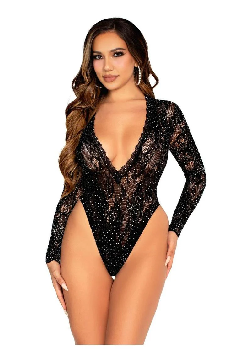 Leg Avenue Rhinestone Lace Deep V High-Cut Bodysuit