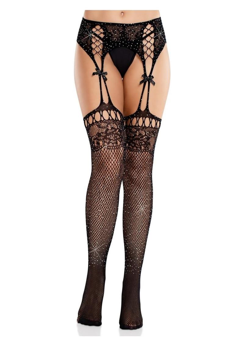 Leg Avenue Rhinestone Lace Top Fishnet Stockings Attach Garter Belt - Image 4