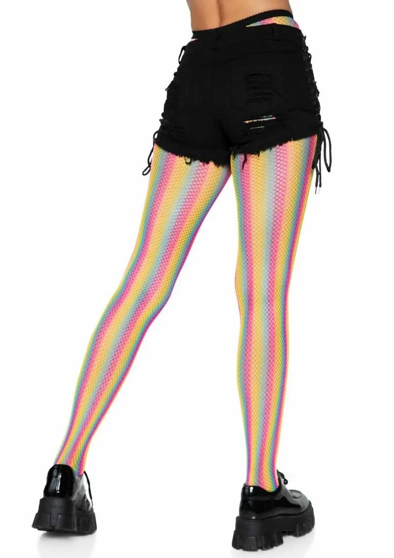 Neon Rainbow Striped Fishnet Pantyhose - Image 2