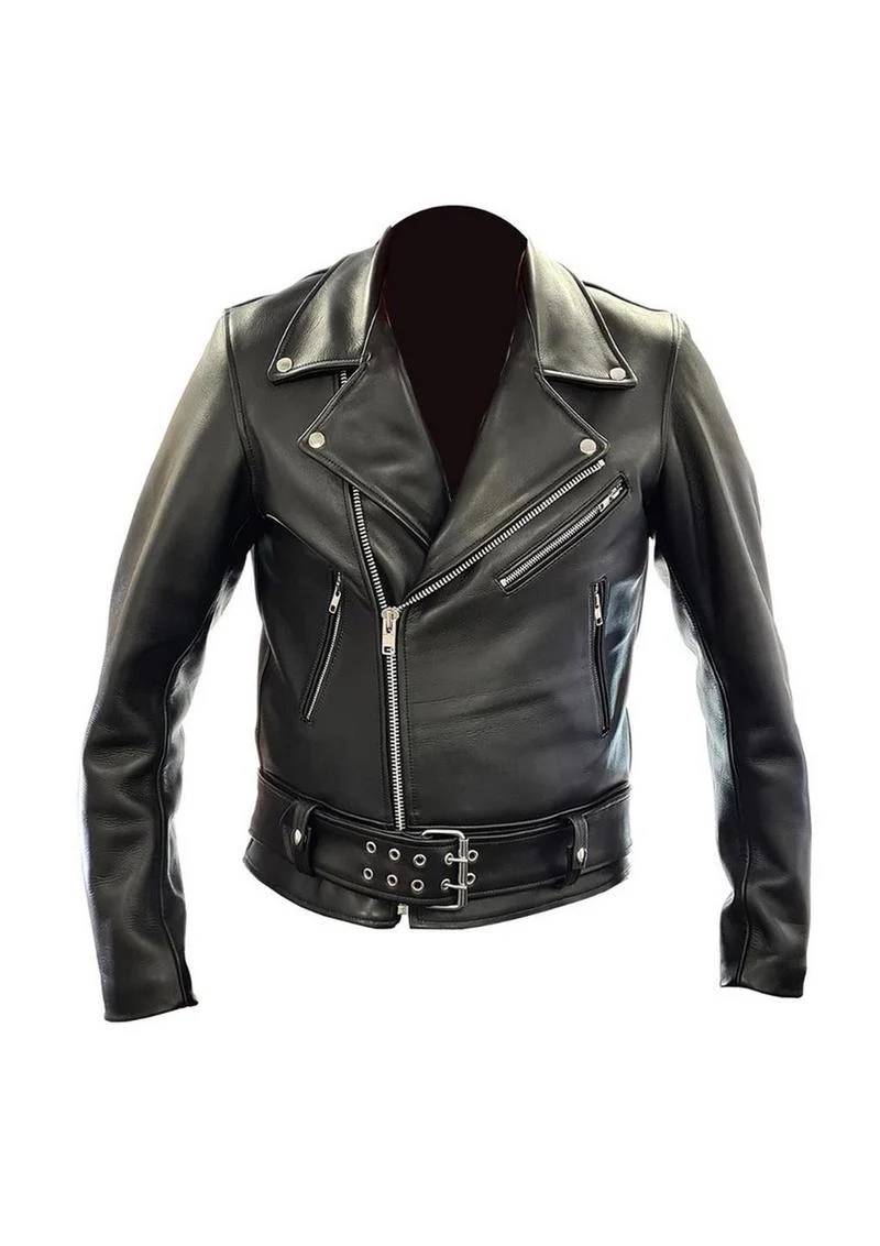 Prowler Red Police Leather Jacket Classic Black Biker Style with Belt