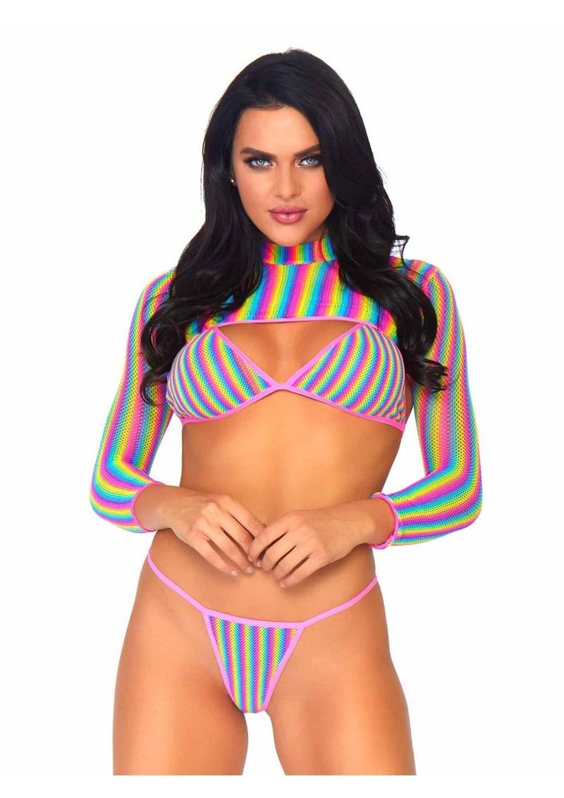 Rainbow Fishnet Bikini Top, G-String, and Long Sleeved Crop Top