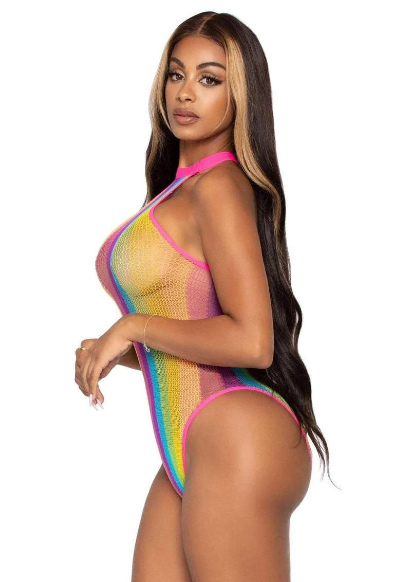 Rainbow Striped Net Halter Bodysuit With Snap Crotch - Image 3