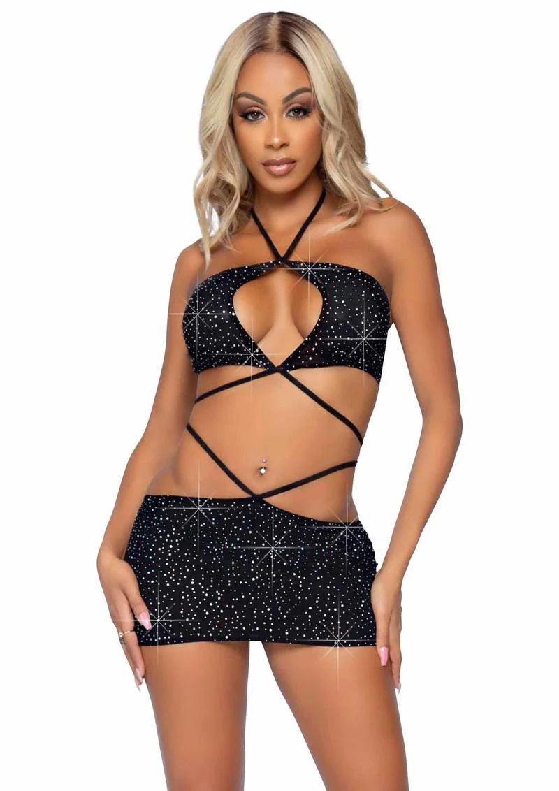Rhinestone Keyhole Bandeau Top and Low Rise Skirt