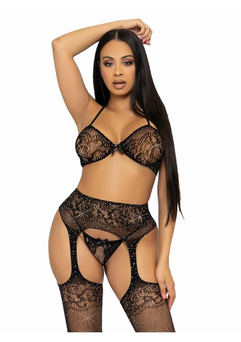 Rhinestone Lace Bra Top, G-String And Garter Belt Set