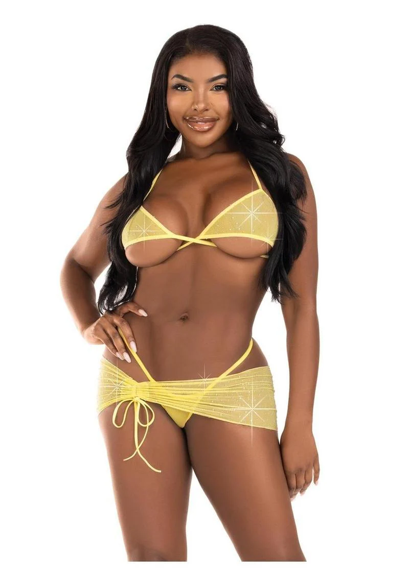 Rhinestone Mesh Wrap Around Bra Top And G-String Panty