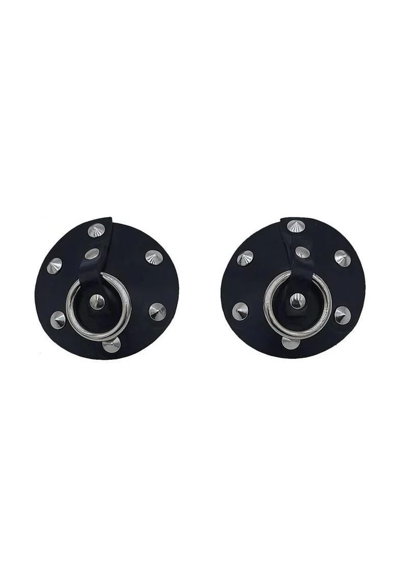 Rouge Leather Studded Nipple Covers with Metal Ring Accent
