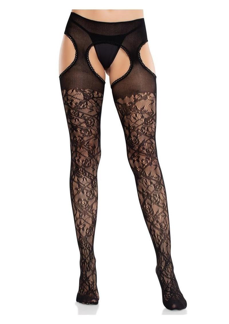 Scalloped Trim Cross Hatch Floral Lace Suspender Hose - Image 4