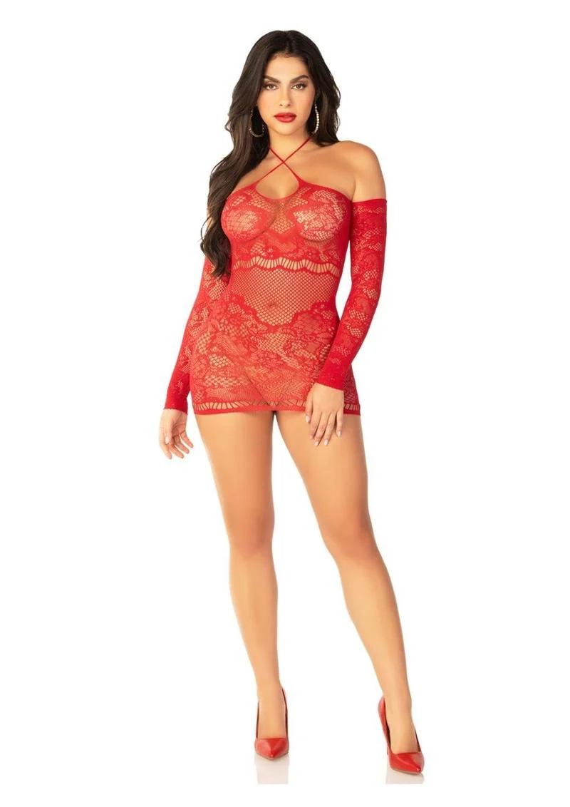 Seductive Lace Net Off-Shoulder Mini Dress with Halter Strap - Image 7