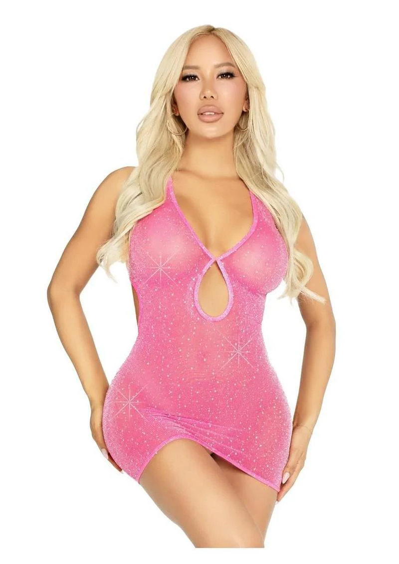 Shimmer Sheer Lurex Rhinestone Keyhole Halter Mini Dress - Image 5