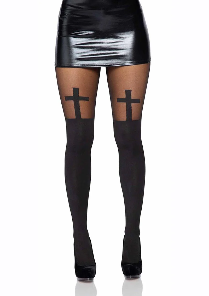 Spandex Opaque Cross Pantyhose with Sheer Thigh Accent