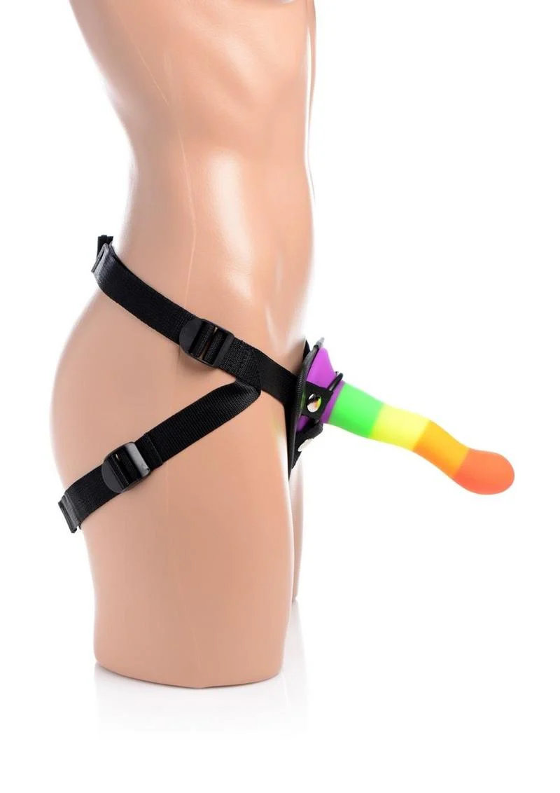 U Strap Proud Rainbow Silicone Dildo with Harness Vibrating Bullet - Image 3