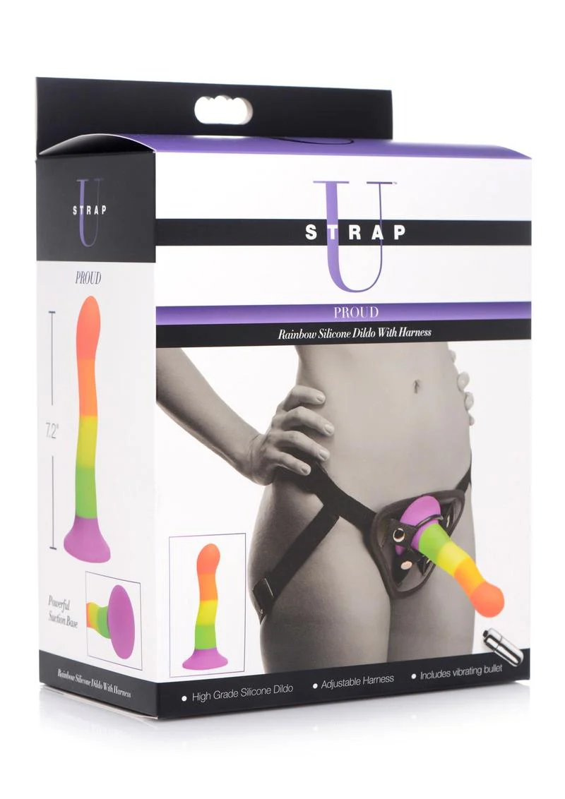 U Strap Proud Rainbow Silicone Dildo with Harness Vibrating Bullet - Image 4
