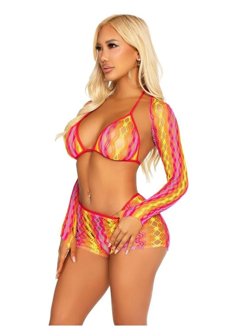 Vibrant Zig Zag Net Bikini Top, Boyshorts, and Shrug - Image 2