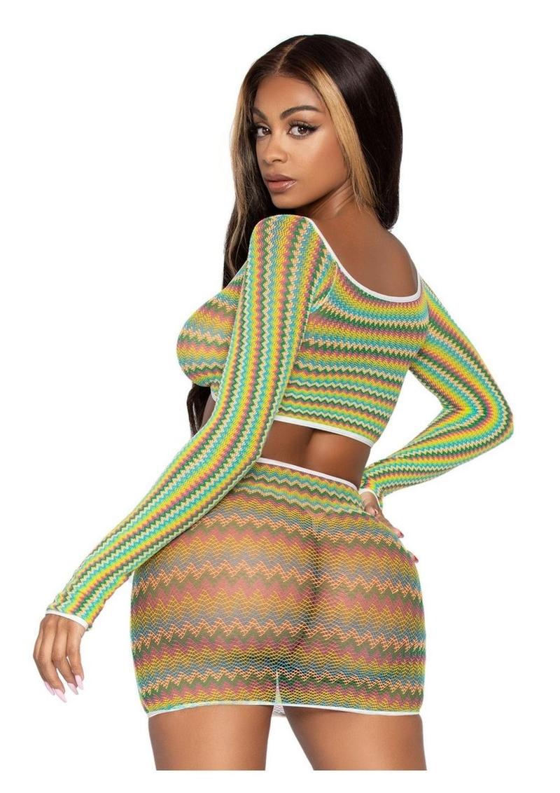 Zig Zag Net Gauntlet Sleeve Crop Top and Mini Skirt - Image 2